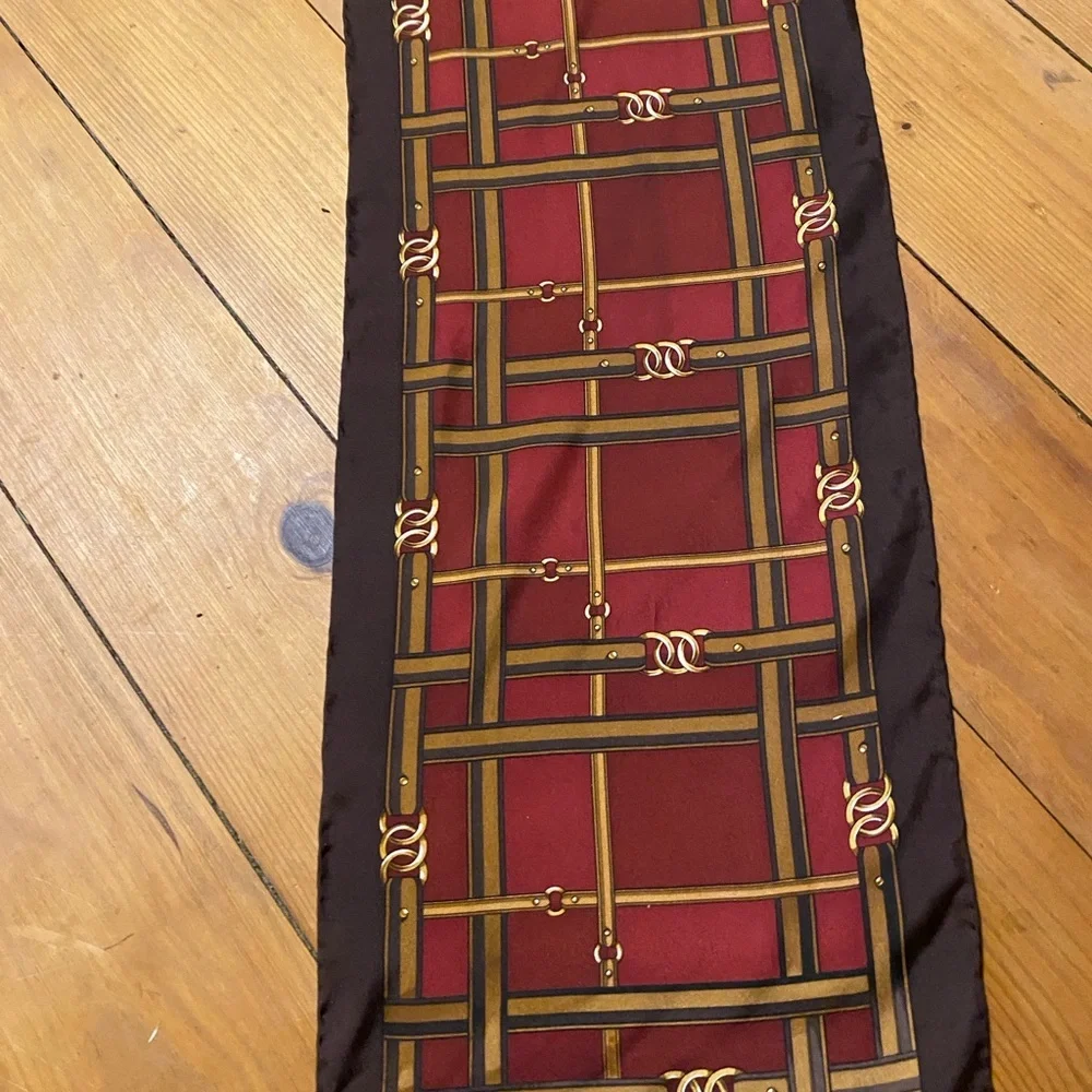 Equestrian Plaid Silk Scarf Brown and Red Hand-Rolled Edges
